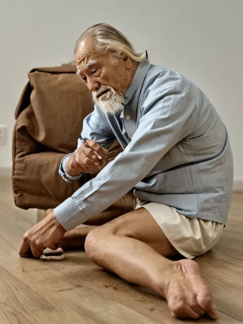 An old man searching for a contact lens that fell on the floor、From the side