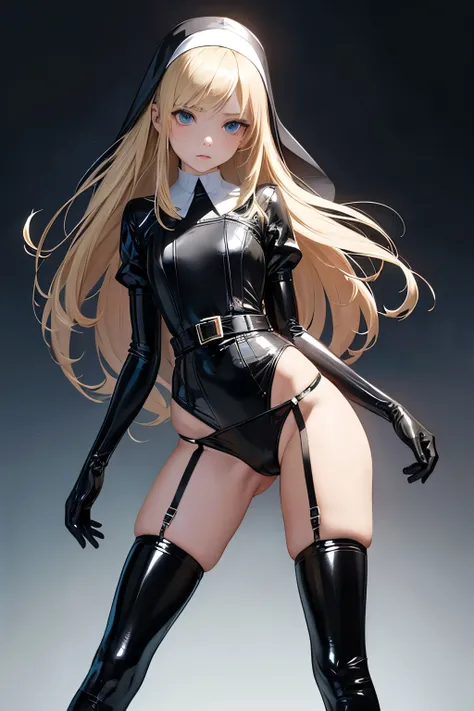 Ultra realistic   girl 8 years old,  childshi body  , long blonde hair frinje , nun ,  disgusted ,  latex , lingerie  thong pantie  ,garterbelt  long socks  , Gloves  , inocent , standing,  dominatrix  .