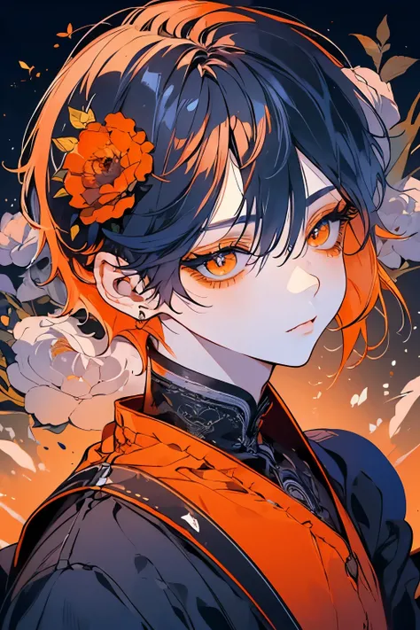 (Mastepiece), (Best Quality), Very detailed, 1 boy, Solo Shooting, Perfect Face, Beautiful Face, Very detailedな顔，(Orange Hair:1.3)，(short hair:1.4)、(Big eyes:1.4)，(Long eyelashes:1.4)、(Orange Eyes:1.3)、Black clothes、Lots of flowers、petal