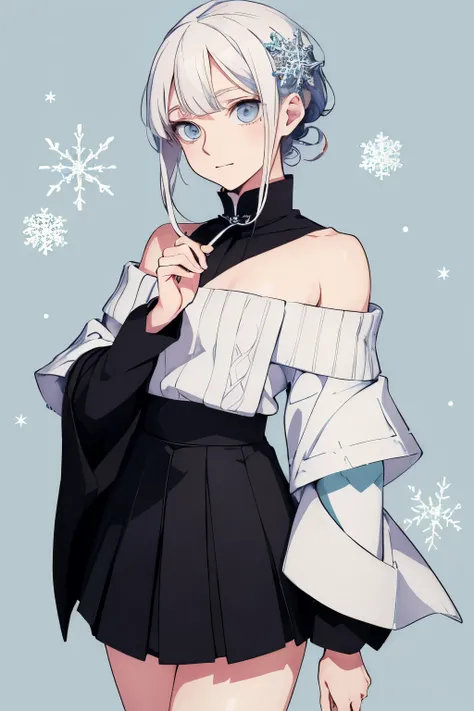 ((Best Quality)), ((Masterpiece)), (detailed),   Kimetsu no yaiba cazadora chica, White hair , light sky blue eyes ,  black bare shoulder sweater full body, short black skirt wooded background with haori with snowflake edges 