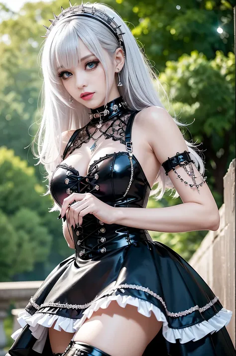 sexy stylish Swedish model, only 1 female, ((doll-like appearance)), long neon pink stylish hair, ((shiny Punk-Style boots)), (beautiful smile), ultra detailed eyes, Punk makeup, lipgloss, ((sexy Punk Lolita cosplay)), unconventional skirt, petticoats, hig...