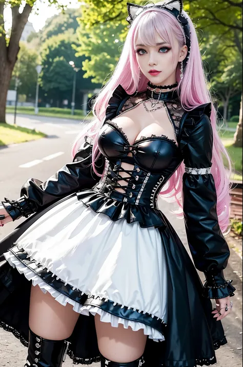 sexy stylish Swedish model, only 1 female, ((doll-like appearance)), long neon pink stylish hair, ((shiny Punk-Style boots)), (beautiful smile), ultra detailed eyes, Punk makeup, lipgloss, ((sexy Punk Lolita cosplay)), unconventional skirt, petticoats, hig...