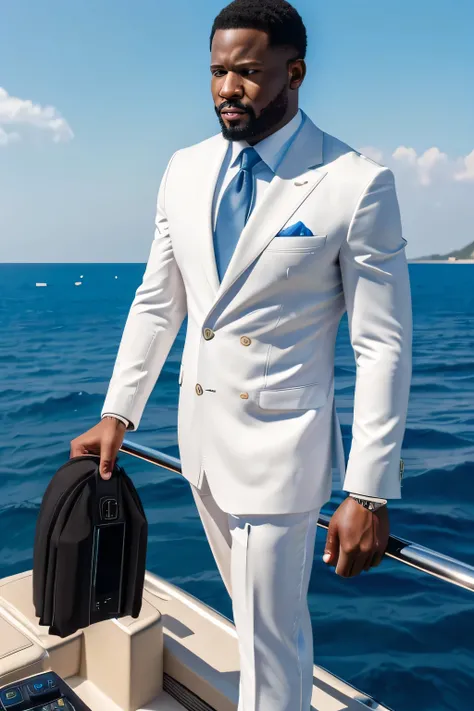 (((Best High Definition 4K Blu ray Quality))). Of a very wealthy Black business man controlling a Yacht with an expensive Gucci suit on.