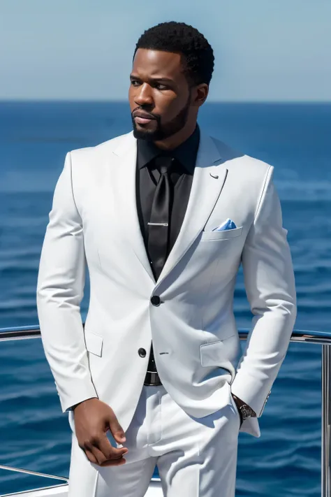 (((Best High Definition 4K Blu ray Quality))). Of a very wealthy Black business man controlling a Yacht with an expensive Gucci suit on.