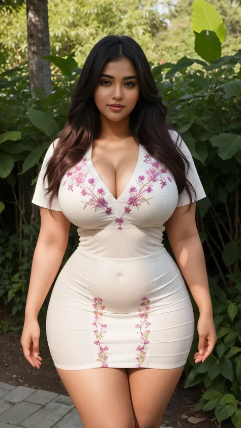  south Indian beautiful woman sexy curvy plus size model wearing different random color skin tight Bollywood Blush Banarasi Dress, eye contact camera view, different style standing position, curvy plus size big hour glass bulky huge figure, big m-cup bulky...