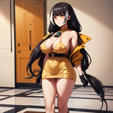 A woman wearing an orange dress, exposed shoulder, orange heels, orange gloves, black hair, long hair, white bangs, multicolored hair, yellow eyes, orange eyes, multicolored eyes, large breasts, a gray scarf around her neck, standing, in a luxury room, mar...