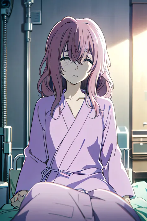 masterpiece，best quality，1 girl，shoko nishimiya，sad，tears，breast augmentation，lying in a hospital bed，pink hair，white hair，messy...