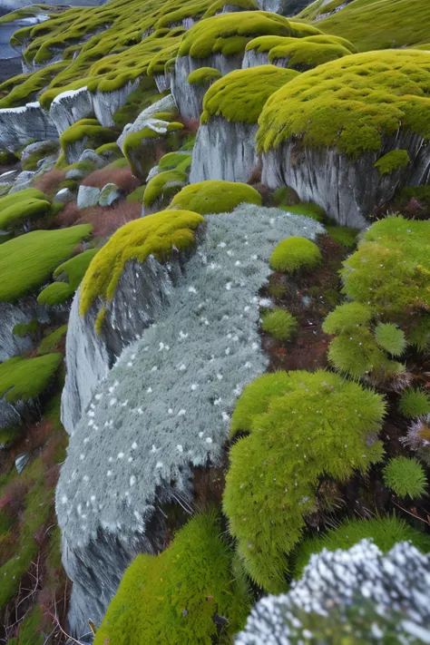 Create an image of the exceptional Arctic habitat for the elusive Giantsbeard Lichen, a rare and resilient plant species. Nestled in the inhospitable cliff ledges and icy rock facades of the high Arctic, this unique lichen exhibits a captivating appearance...