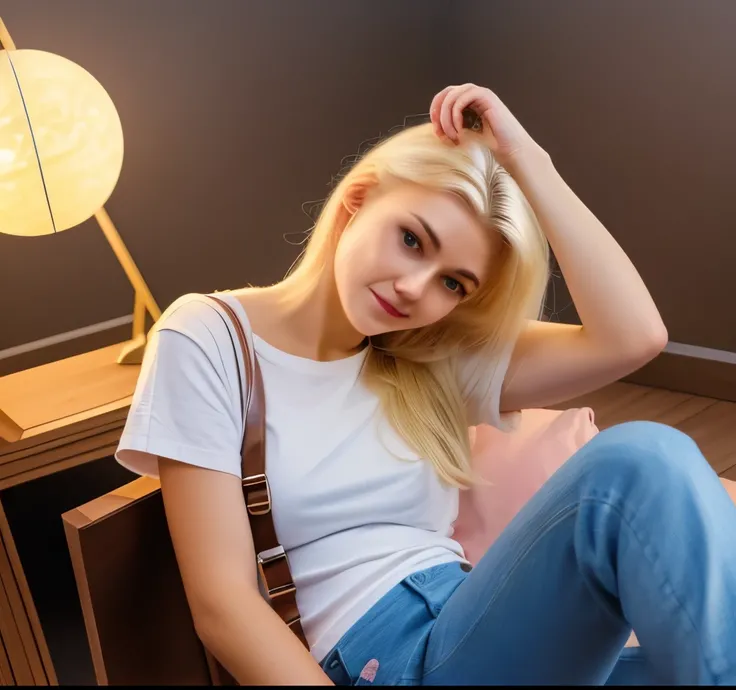 different angles,full body, 20 year old girl,  Avar ethnic group, blonde hair, green eyes, 2 meters body height, Short Jeans, wearing a Mini Short Jeans Ripped Jeans Low Waist Thin Dance Blue,Cinematic, Photoshoot, Shot on 25mm lens, Depth of Field, Tilt B...