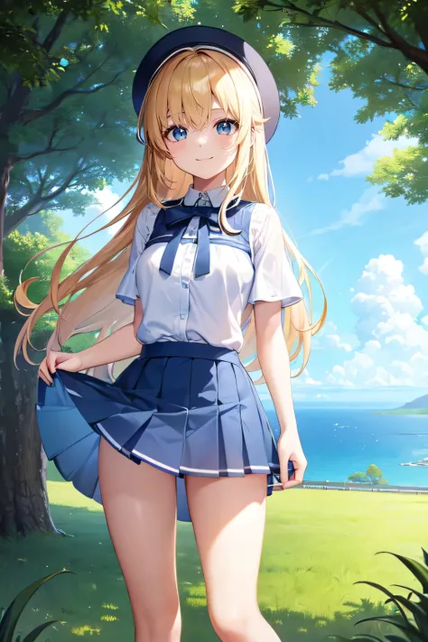 Top quality RAW photos in 32k resolution taken with Canon EOS R3, (frombelow:1.15),(​masterpiece、top-quality)、Girl in blue pleated mini skirt, Summer steppe, a blond, A smile, Refreshing, Beautiful anime girl