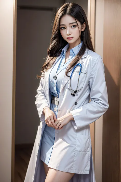 Realistic beautiful doctor、Stunning beauty、Doctors white coat, Collared shirt、(Top quality、8K、32k、masterpiece、nffsw:1.3)、Ultra-high resolution,(Reality:1.4),Original Photography, Delicate face,,Beautiful hair, ((Doctor style)), , Black tight skirt、 Natural...