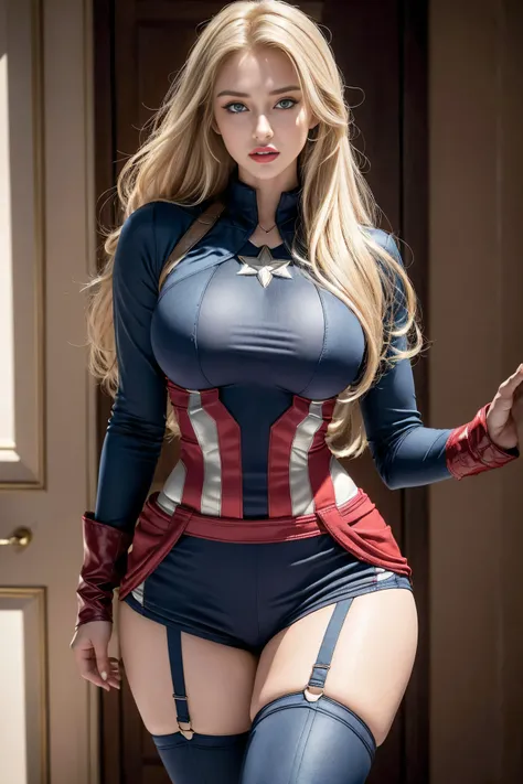 1 girl, (((17 years))), (((Perfect body))), masterpiece, best quality, 8K, Extremely detailed skin texture, Extremely detailed fabric texture, Beautiful and delicate face, (((Extremely beautiful))), Intricate details, Extremely detailed, ((Captain America ...