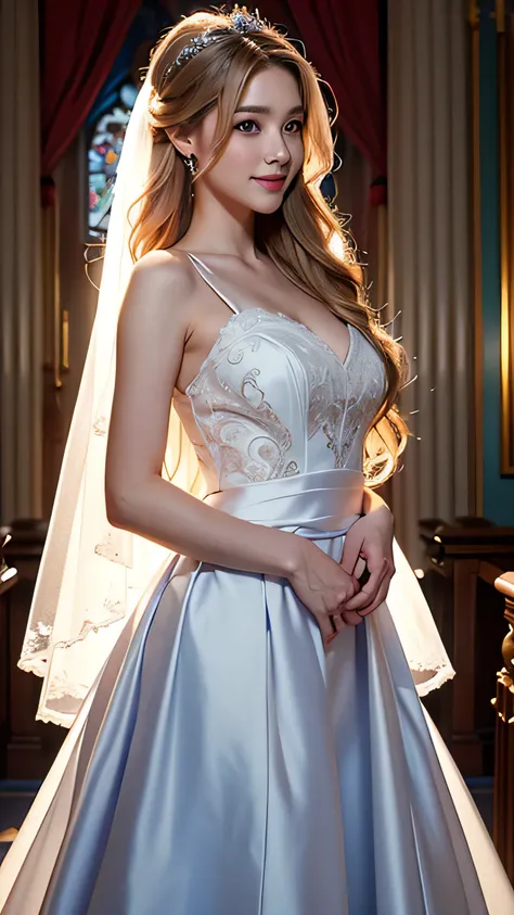 bride、Wedding Style、wedding style photos、Luxury dresses、church、Light clothing、Formal Wear、night scene、illumination、blue eyes、bionde、Full body photo、Sexy Face、Long straight hair_Hair reaching down to the waist、 Complete look、(((masterpiece)))、((Highest qual...