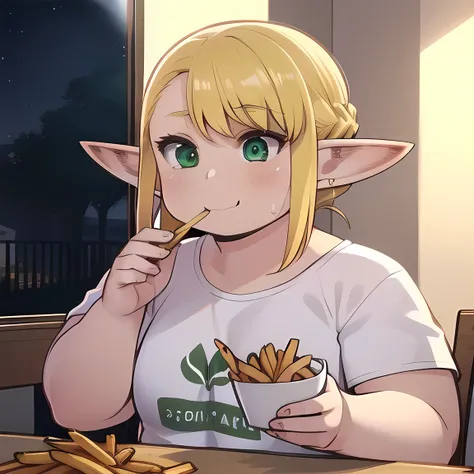 ((Masterpiece)), 1 solo girl, fat erufuda, short hair, pointy ears, fat elf, blonde hair, (green eyes:1.5), braid, ((Perfect body)), big cheeke, eating french fries, smile, white pantsu, hot, thick thighs, very cute, night, 4K