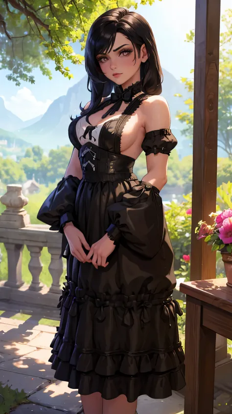 (Masterpiece:1.2), (Best Quality:1.2), Perfect eyes, Perfect face, perfect lighting, 1 girl, Mature female gothgal standing with hands in front, wide, intricate hairstyle, make up, BLACK LIPS, thick eyelashes, sad, melancholy, wearing a gothic costume, bla...