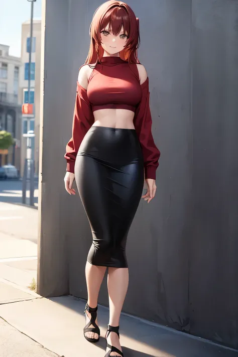 1girl, woman, red sweatshirt, crop top, black midi pencil skirt (tight), medium length skirt, midriff, long hair, looking at viewer, full body, smile, walking, brown hair, blush