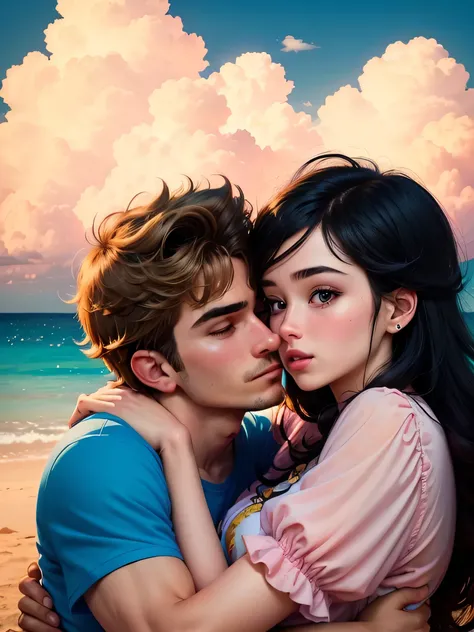 Super Mario colorful sky, Lofi Style, close up, ultra detaild, 8K princess peach cute couple hugging and kissing guy black hair and without beard, girl blonde (guy with no beard) ((BOY WITHOUT BEARD OR MUSTACHE)) ((THE BOYS FACE HAS NO MUSTACHE))