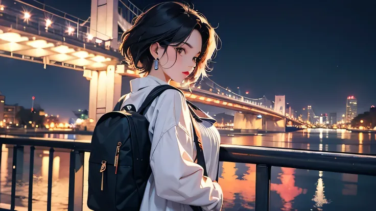 Street fashion girl　　LOFI Retro　Stylish　１９８０s　City　evening 　Wireless earphones, backpack, bridge with night view　Looking down