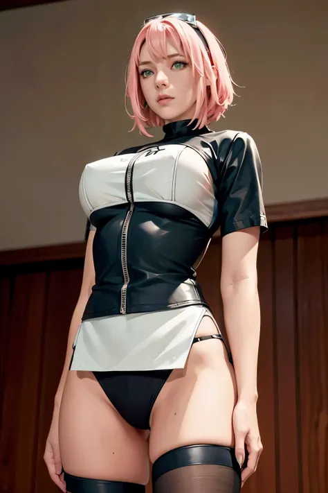 （（（short hair，pink hair，Black leather tights suit，thong，pussy shot, very sexy, lift skirt, random low back angle,（（（danya，Sakura,green eyes,bangs,forehead protector, shinobi symbol, ））），（（（wide hips））），S-shaped body:1.7））），((masterpiece)),high resolution, ...