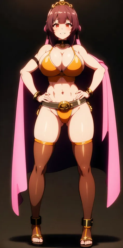 ((BLACK BACKGROUND,1:2, masterpiece)) full body MILF BIMBO standing with two long thighs and two metal sandals, red eyes, two-tone hair, brown hair, silver white hair, short bob style hair, big breasts, cleavage, separate sleeves, tiara royal, long cape up...