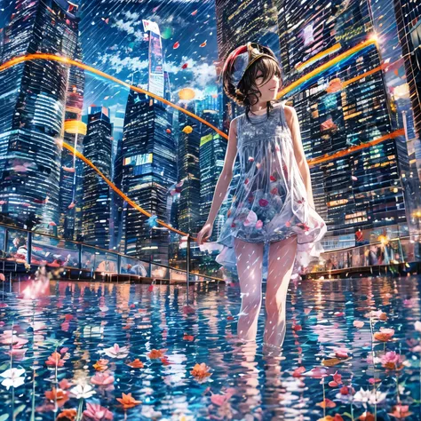 BloodRed, White in Pearly RainbowColors,ExtremelyDetailed(ProfessionalPhoto of Girl Floating in the Sky:1.37)ZoomLayer{Stunning|Mystic|GodRays|Haze}, 57th floor infinity pool in the urban forest. (Masterpiece 8K TopQuality:1.2)(ExtremelyDetailed NOGIZAKA f...