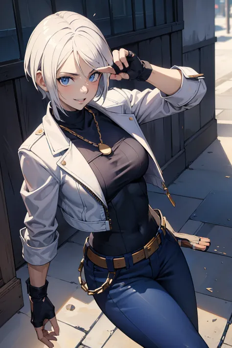 (masterpiece), best quality, expressive eyes, perfect face, highres, 1girl, solo, angelms, white hair, white jacket, jeans, fingerless gloves, dangerous pose, parkour, mean smiling, fanstasy background, cowboy shot, fullbody shot, looking at the viewer, fr...