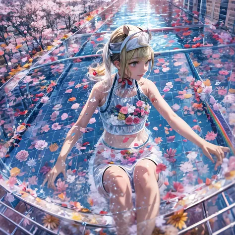 BloodRed, White in Pearly RainbowColors,ExtremelyDetailed(ProfessionalPhoto of Girl Floating in the Sky:1.37)ZoomLayer{Stunning|Mystic|GodRays|Haze}, 57th floor infinity pool in the urban forest. (Masterpiece 8K TopQuality:1.2)(ExtremelyDetailed NOGIZAKA f...