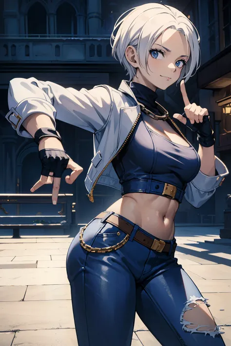 (masterpiece), best quality, expressive eyes, perfect face, highres, 1girl, solo, angelms, white hair, white jacket, jeans, fingerless gloves, dangerous pose, parkour, mean smiling, fanstasy background, cowboy shot, fullbody shot, looking at the viewer, fr...