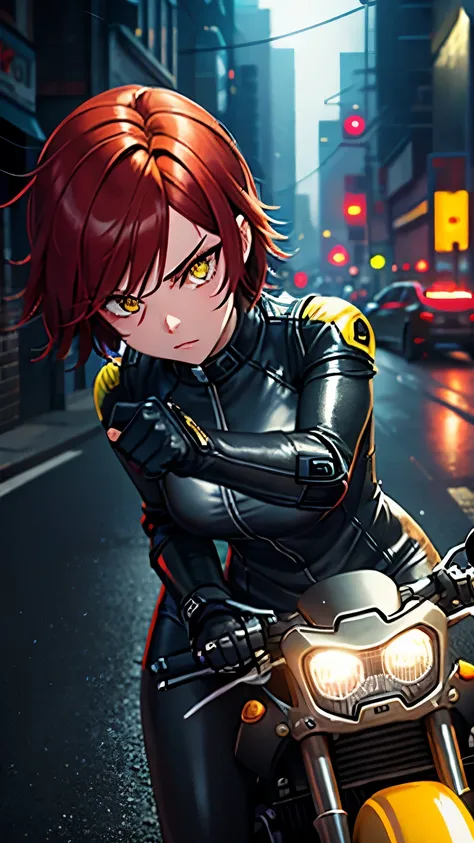 biker girl, motorcycle, Leather one-piece garment, Short hair, yellow glowing eyes, Dark colors, Cyberpunk, Neon lights, Red hair, Sexy, tightsuit, Night, the city street, mitts, rain