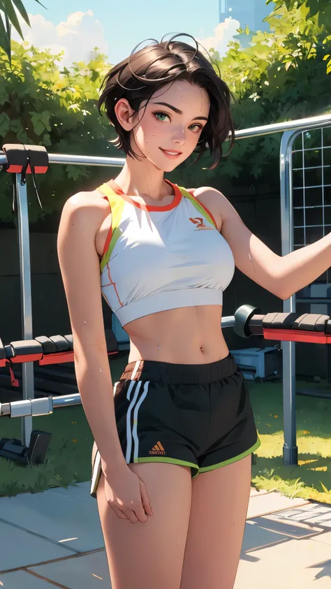 ((((masterpiece, best quality, high resolution)))), Extremely detailed 8K, 1 female, wearing a white crop top and black gym shorts, (Ultra HD, Ultra-detailed, Highly detailed, Highly realistic, Ultra-realistic, photograph realistic), (1girl:1.5), (Realisti...