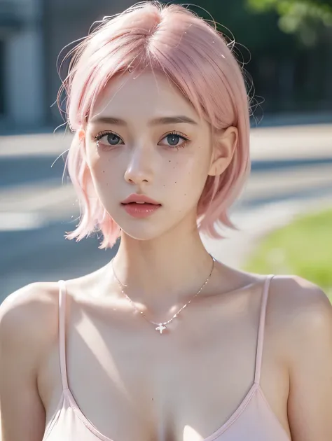 Cute girl short pink hair, with two bows on each side of the hair, all her hair short pink , with a star clip in her pink hair, light colored eyes, pretty eyes, crying eyes, pretty, upturned nose, watery nose, Pretty lips, pink lips, heart and cupid shaped...