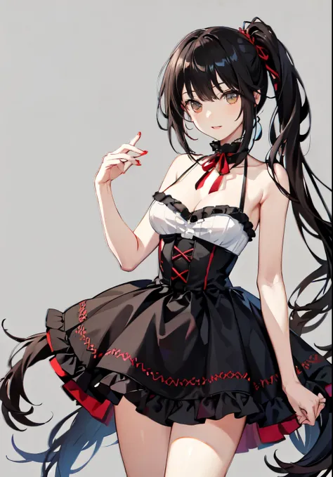 masterpiece, high quality, 1 Girl（（,whole body）） ((tokisaki kurumi)), Monochrome, Black Hair, , mini skirt, ((Right eye is red:1, Left eye yellow))),（（Beautiful Eyes）），（（Delicate face）） smile, cute, （（Are standing）），（（（Wearing red high heels）））, Beautiful ...