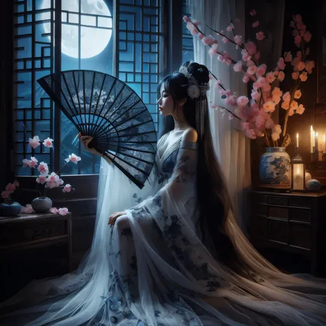 an ultra beautiful asian woman long blue-black hair, holding a very ultra ornate long black ancient liquored asian fighting fan,...