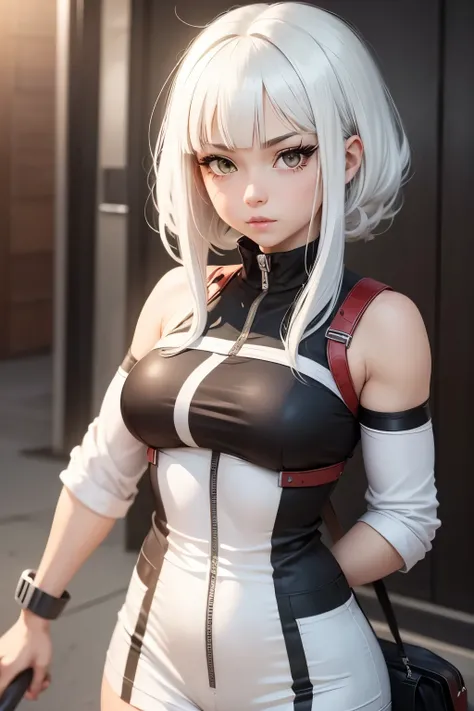 Screenshot of my hero academia girl with straight white hair and bangs brown eyes  