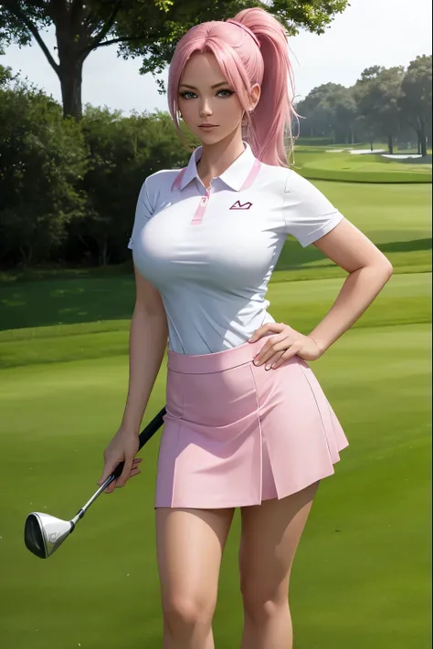 Woman, large breasts, Pink Hair, Ponytail, Golf Outfit, Short Skirt, Standing on Golf Course