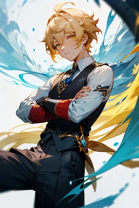 ((melhor qualidade)), ((Obra de arte)), (detalhado), Aether from Genshin Impact. 1boy. Blonde hair. Golden Eyes. Black vests. swept back hair.