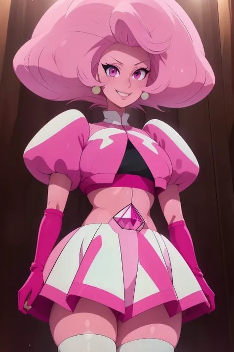 pnkdamond, pink hair, pink eyes,  big hair,  stomach gem,  pink skin,  toned, 
puffy short sleeves, elbow gloves ,  white thighh...