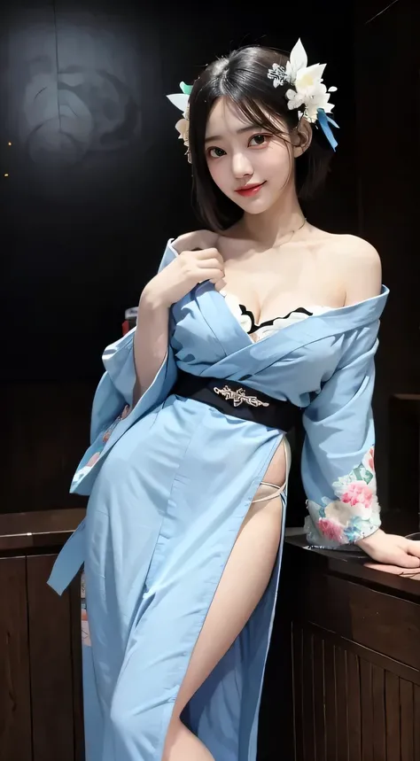 full shot, full body, 1, Realistic, born, Tabletop, 8K Photorealistic, Black-haired, Windblown Hair, ((light Blue kimono)), Large Breasts, Detailed fingers, Detailed face, Natural skin texture, Are standing, night,  Milky Way Background、Laughter、short hair...