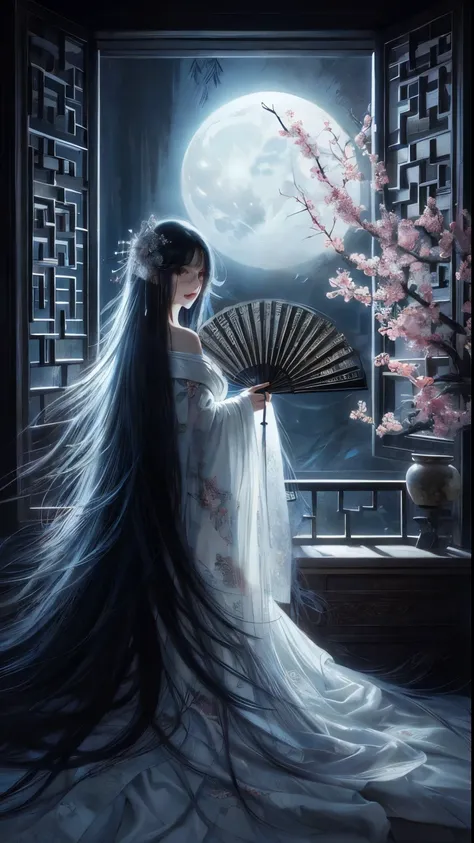 An ultra beautiful Asian woman long blue-black hair, holding a very ultra ornate long black ancient liquored Asian fighting fan, wearing a long white cherry blossom Chinese womans dressing gown, in a darkened room of moonlight streak in through the opened ...