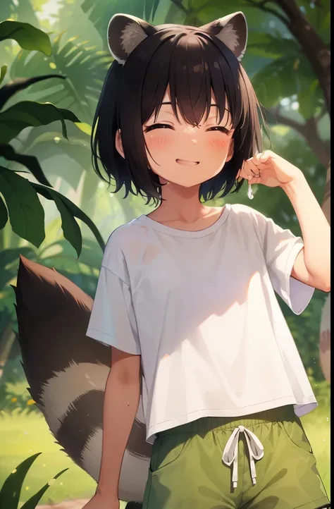 forest,smile,Are standing,close your eyes,1. small ,short hair,Black Hair,blush,White T-shirt,Olive green shorts,Brown Sandals,White skin,summer,From below,shy,Sweat,Please open your mouth wide,Wet,Raccoon Ears,Raccoon Tail,PAW Pose,tooth