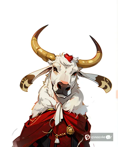 white ox illustration, with a red heart on his forehead, Yellowish horn, in realistic style, Logo design.