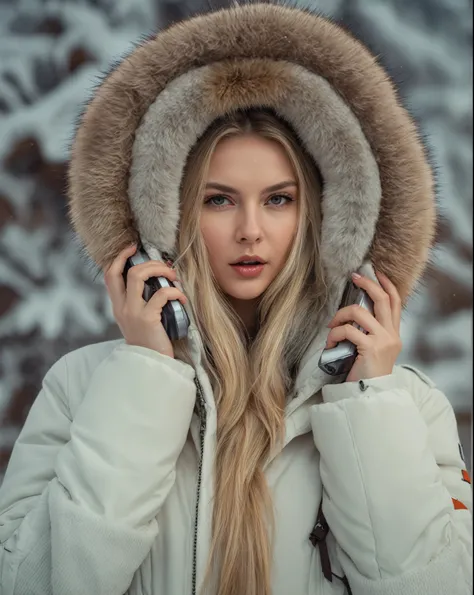 Arafed woman in a fur-lined jacket talking on a cell phone, fur hood, Beautiful nordic woman, action shot girl in parka, karol behind uhd, backlit shot girl in parka, White skin, nordic girl portrait, blonde fur, Anna Nikonova aka Newmilky, blonde furr, we...