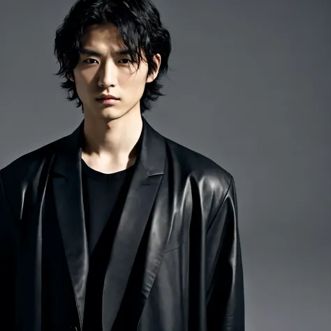 Japanese man, black hair, wavy hairstyle, medium length hair, serious expression, wearing a black jacket, standing in front of a plain background, facing forward
