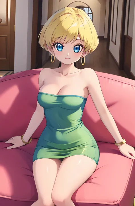 (Best Quality, Masterpiece:1.4), (Absurdres:1.2), 1 girl, Solo, erasa, blonde hair, blue eyes, gold earrings, gold bracelets, cleavage, small breasts, pinj dress, strapless pink tube dress, sitting on a green couch, indoor room, smile, looking at viewer, c...