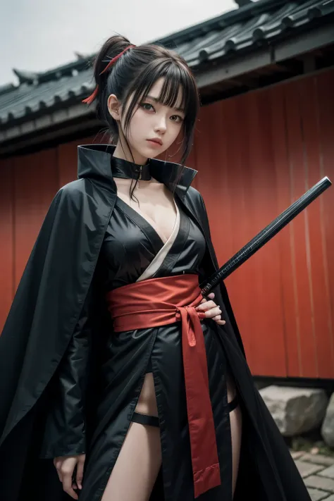 (An anime character ) at the age of 20, one meter and 75 with red eyes and with a black kimono and with a red sash and with a black outward cape and red inside shovel and a katana on the waist belt