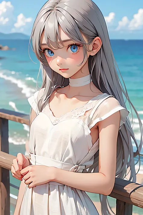 highest quality、Realistic、girl、Silver Hair、Light blue eyes、Long Hair、White dress、Tanned dark skin、Tan Skin、Brown black skin、slender、Ocean、Bust Shot