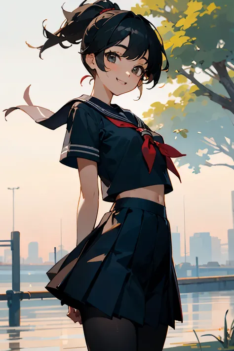 In the best quality、Teenage girl standing outdoors。In high resolution、Beautiful details、Quiet atmosphere。Black hair ponytail、Cute Smile.。Small breasts、Short-sleeved sailor uniform、Pleated skirt、Black tights。