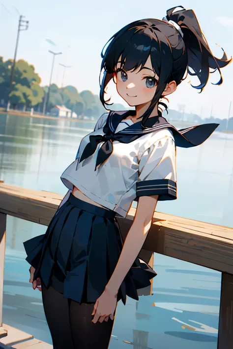 In the best quality、Teenage girl standing outdoors。In high resolution、Beautiful details、Quiet atmosphere。Black hair ponytail、Cute Smile.。Small breasts、Short-sleeved sailor uniform、Pleated skirt、Black tights。