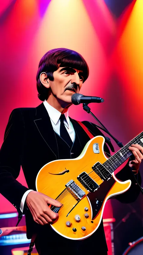 create George harrison featured playing electric guitar , no palco com THE BEATLES, 8K, uhd, realisitic