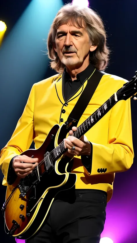 create George harrison featured playing electric guitar , no palco com THE BEATLES, 8K, uhd, realisitic